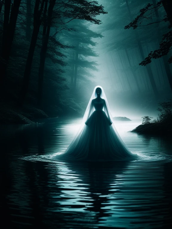 Ghostly woman dressed in scary white floating on a river in a forest at night