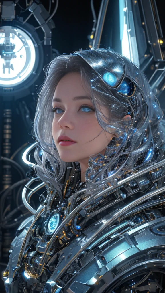 (best quality,4k,8k,highres,masterpiece:1.2),ultra-detailed,(realistic,photorealistic,photo-realistic:1.37),future-tech futuristic robot detailed,exquisite details,metallic skin texture,smooth surfaces reflecting icy light, intricate gears interlaced with electrical wiring forming the skeleton, shimmering lights resembling a soul, deep gaze with elegant posture, warm humanistic feel,portrait,sci-fi,metallic colors,studio lighting,high contrast