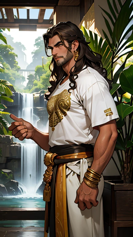 Tall, handsome, strong man, long curly brown hair ruffled, wearing an Olmec design loincloth, leather sandals, white cotton t-shirt with green Aztec design with gold, standing in front of the lobby of a hotel named Xietzantli on the wall behind a desk there is a large tree with a waterfall coming out of its trunk.