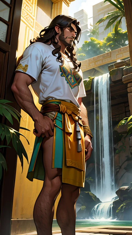 Tall, handsome, strong man, long curly brown hair ruffled, wearing an Olmec design loincloth, leather sandals, white cotton t-shirt with green Aztec design with gold, standing in front of the lobby of a hotel named Xietzantli on the wall behind a desk there is a large tree with a waterfall coming out of its trunk.