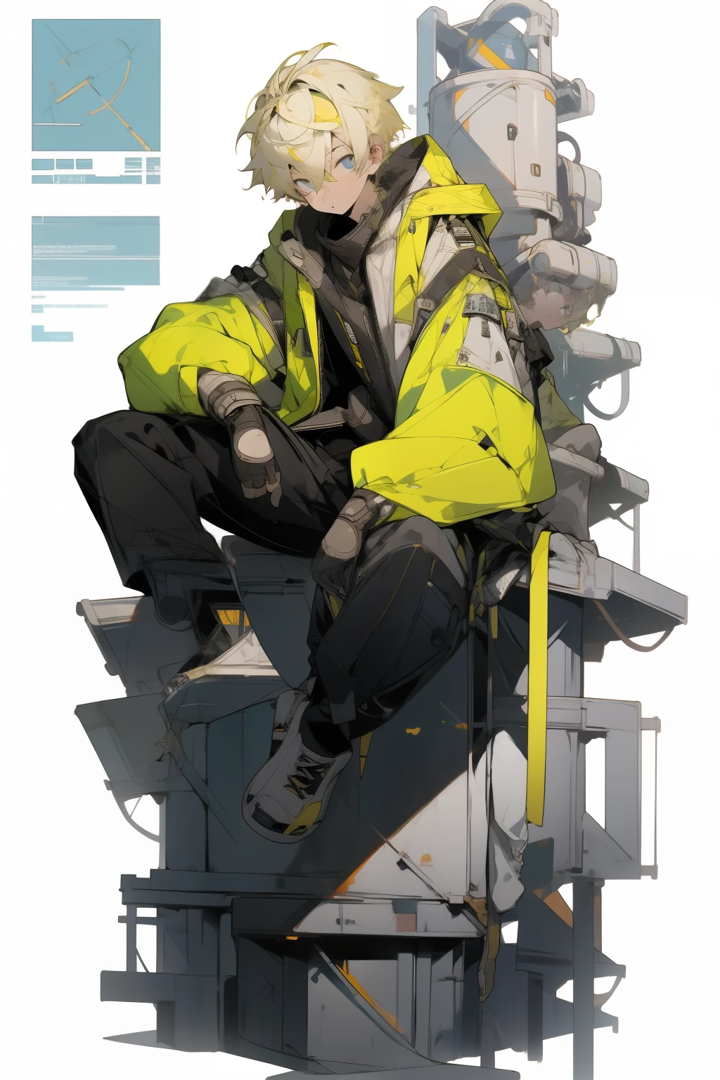 masterpiece, Best Quality, 4K, high resolution, ultra-detailed, High resolution, Ultra HD, sophisticated details, line art, thick lines, Backlight, ((Full body shot)), ((No background)), ((White background)), boy with yellow hair, blue eyes, cute, chibi, yellow jacket, hoodie, sitting down