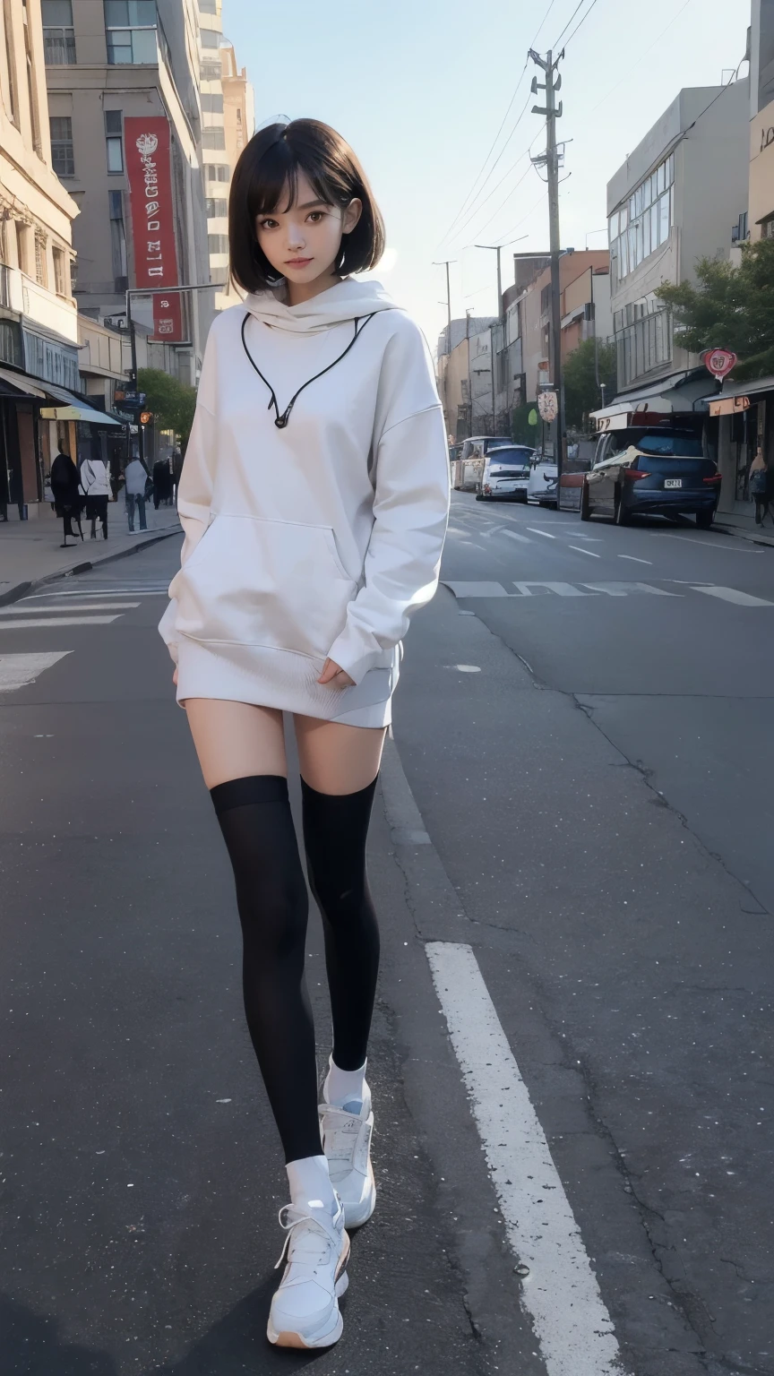 (((Backwards:2.0))), (((Backwards:2.0, Standing posture:1.5))), (((Clothing:2.0, Knee-length sweatshirt:2.0, Knee-high socks:1.8, sneakers:1.5))), (Street Corner:1.5), ((A grin:1.3, Short Hair:1.2, slender:1.5, Small Ass:1.5)), ((Japanese, 1 Girl, 18-year-old, 7 heads, Ideal body proportions, Black Hair, With bangs, Small breasts, Erect nipples, slender, Small Ass, Beautiful feet, Skinny Legs)), Surrealism, Cinematic Lighting, Depth of written boundary, First Person View, F/1.8, 135mm, Ticker, Mastepiece, Curate, ((Anatomically correct:1.3)), Textured skin, Super Detail, High detail, High quality, Awards, Best Quality, High resolution, 8K