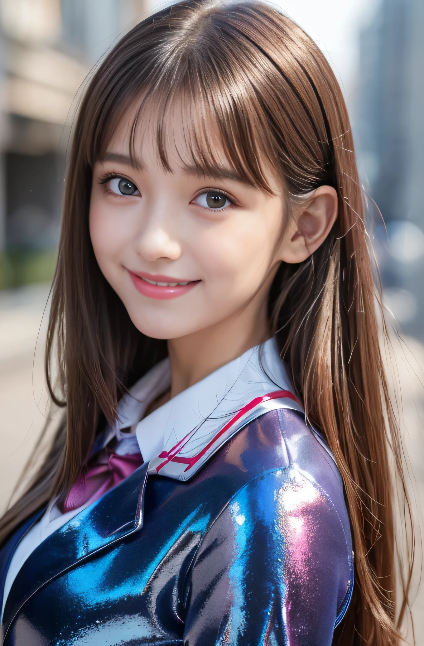 Angelic Very pretty cute young girl, 
very beautiful girl,
(V-line jaw),
Beautiful detailed brown eyes, 
small straight nose,
Detailed double eyelids, 
(Large eyes:1.3), 
Long straight brown hair, 
see-through bangs, 
beautiful detailed face and eyes, 
smiling, 
BREAK   
(super shiny metallic dark blue  blazer:1.3),metallic pearl white school blouse,(shiny metallic bright red neck ribbon tie:1.2),(super shiny metallic pink pleated skirt :1.5),(school uniform with super reflective surfaces:1.5),

(Very beautiful cute girl:1.2), 
Very pretty cute young girl, 
V-line jaw,
Beautiful detailed eyes, 
very beautiful girl,
Detailed double eyelids, 
(Large eyes:1.3), 
Long straight brown hair, 
see-through bangs, 
beautiful detailed face and eyes, 
smiling, 
break  
(Very beautiful cute girl, Beautiful detailed eyes, Detailed double eyelids:1.3), 
(Soft Saturation: 1.3), 
(Fair skin: 1.4), 
(Large eyes:1.4), 
break  
Very beautiful cute girl, 
Sharp Focus, 
brown hair, 
Very beautiful cute girl, 
Raw photo, 
High resolution, 
perfect detail, 
Professional Photography, Professional Lighting, 
strong lighting,
break 
(smile:1.6),(8 yo:1.3)