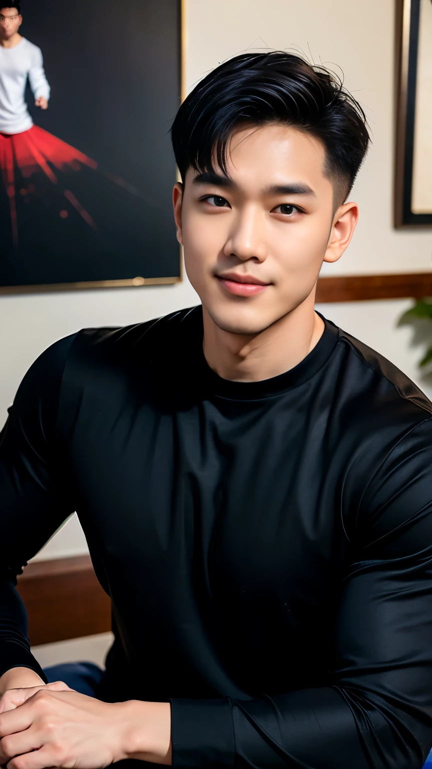 (Create a masterpiece: 1.2),(CGI art:1.3),(realistic:1.5),(After processing:1.3),(Sharp focus:1.3) ,1 man, handsome , smile, (Long sleeve black round neck t-shirt), black sweatpants, Korean guy , korean men, (High gloss details), chest muscles, large arm muscles, blood vessel, Big muscles, Broad shoulders, looking at the audience, Balancing the eyes, (in modern house:1.3)