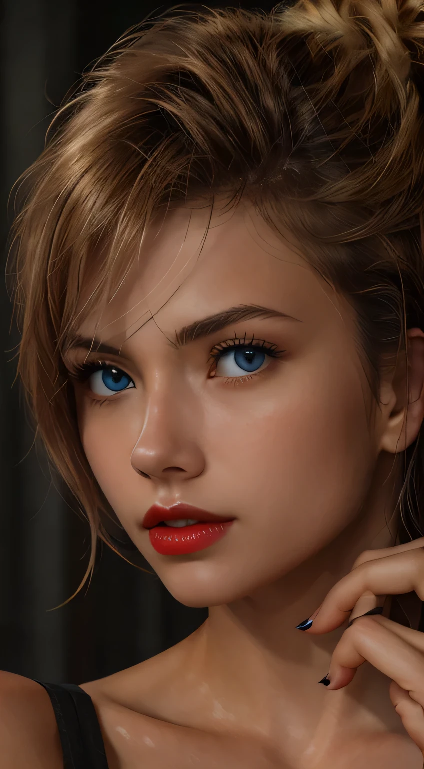 One girl, colorful, Cowboy Shot, (Detailed skin:1.3, Detailed face:1.3, Short black hair:1, big black eyes:1.2, Bright red lips:1.2), Realistic, View Viewer, Sharp focus, delicate, Soft colors, Cinema Lighting, MyNataLee Women, Bright light:1.3, highlight:1.3, High brightness, Beautiful scene, Beautiful Skin, (Upper body portrait)、masterpiece, 最high quality, high quality, High resolution,