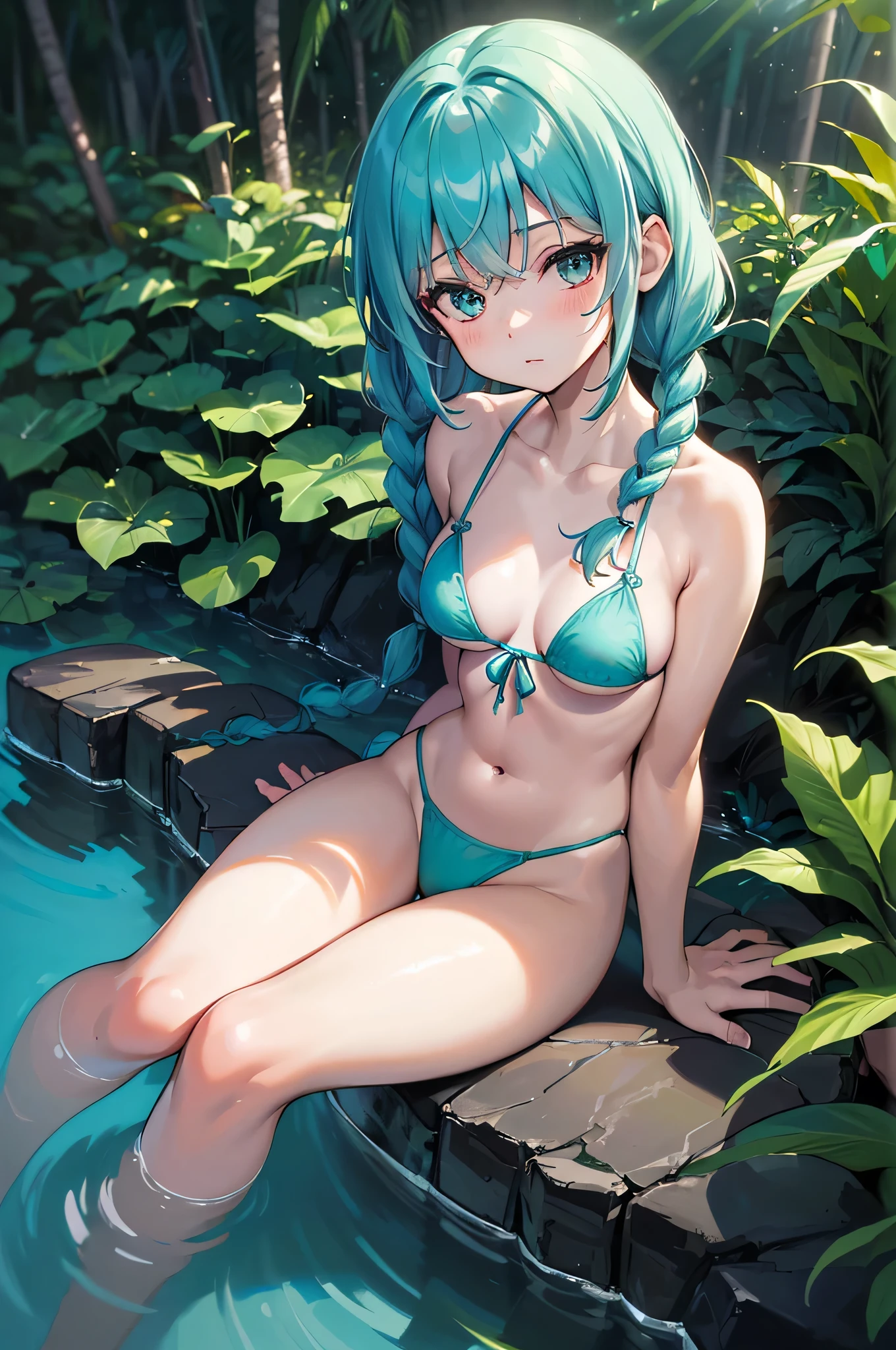 All realistic intricate details: "(medium shot, (1 girl view), Aqua COLOR hair, blush, measurements 91 60 90, (mischievous expression), sitting near a cenote, clavicle, arcane, Micro Bikini, twin braids, big breasts, open legs,dynamic poses, Side and natural lighting, In the background, a cenote in the middle of the jungle, (image captured with: Canon EOS R50 camera with Canon R50 RF-S 18-45mm IS STM lens, random angle shot))"