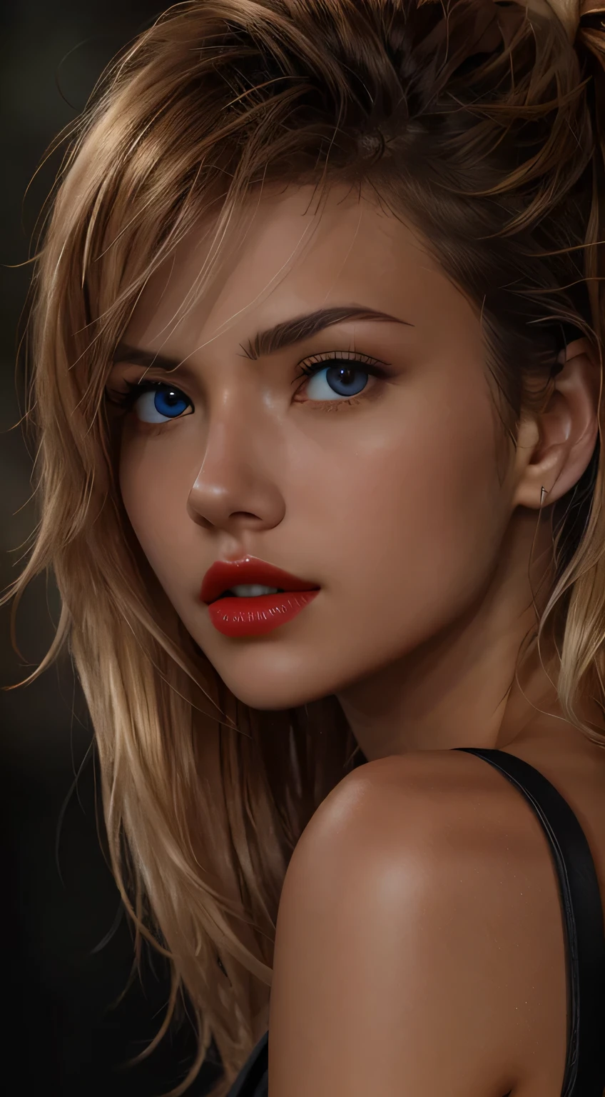 One girl, colorful, Cowboy Shot, (Detailed skin:1.3, Detailed face:1.3, Short black hair:1, big black eyes:1.2, Bright red lips:1.2), Realistic, View Viewer, Sharp focus, delicate, Soft colors, Cinema Lighting, MyNataLee Women, Bright light:1.3, highlight:1.3, High brightness, Beautiful scene, Beautiful Skin, (Upper body portrait)、masterpiece, 最high quality, high quality, High resolution,