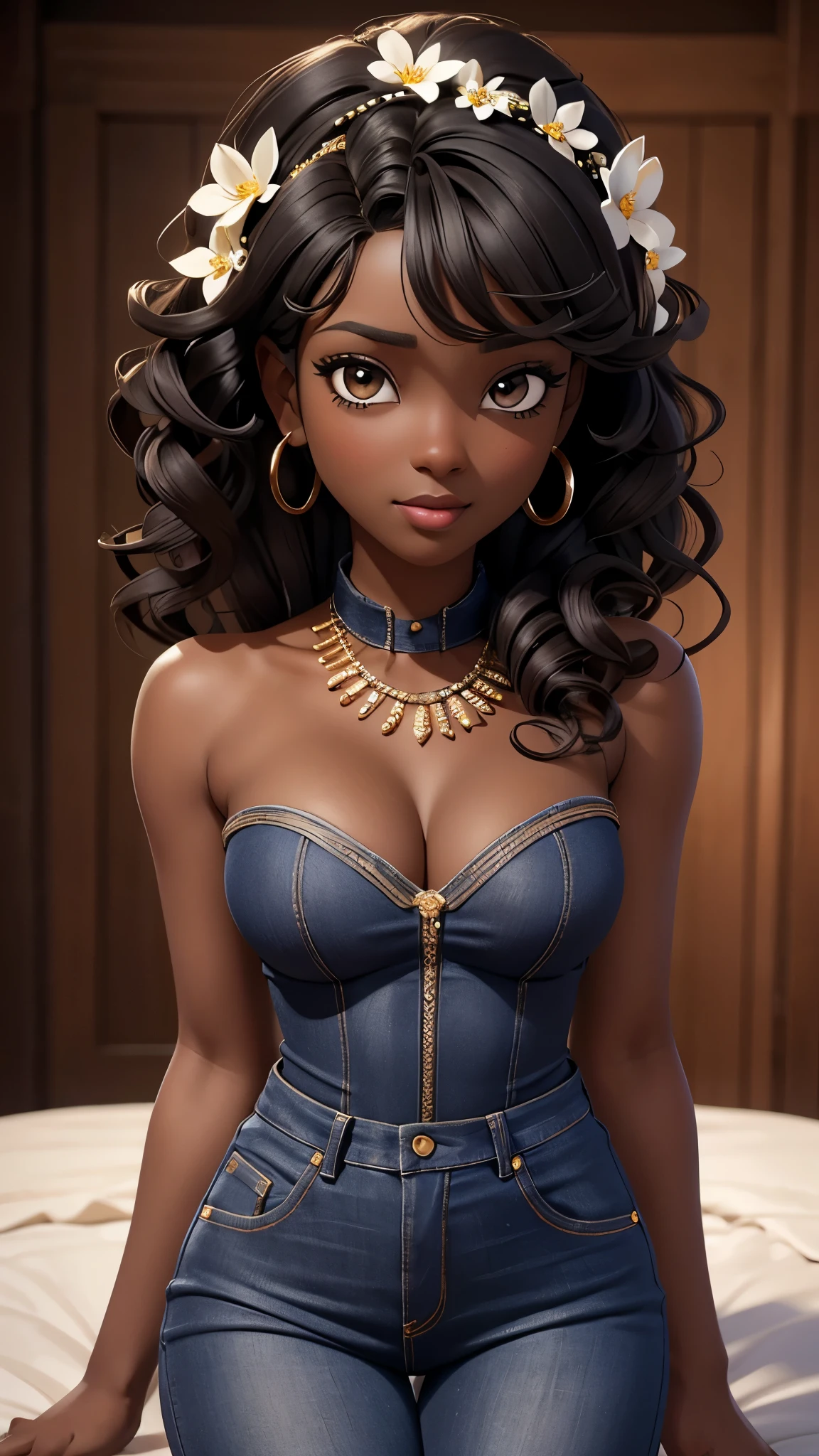 1girl african dark brown skin, realistic shadows, detailed skin, sparkling eyes, curly black hair, very detailed, highly detailed 8k face, perfect face shape, perfect full lips, perfect nose, correct beautiful eyes, observant, wedding dress:4 , hair flowers, masterpiece , best quality, single, jeans, alone