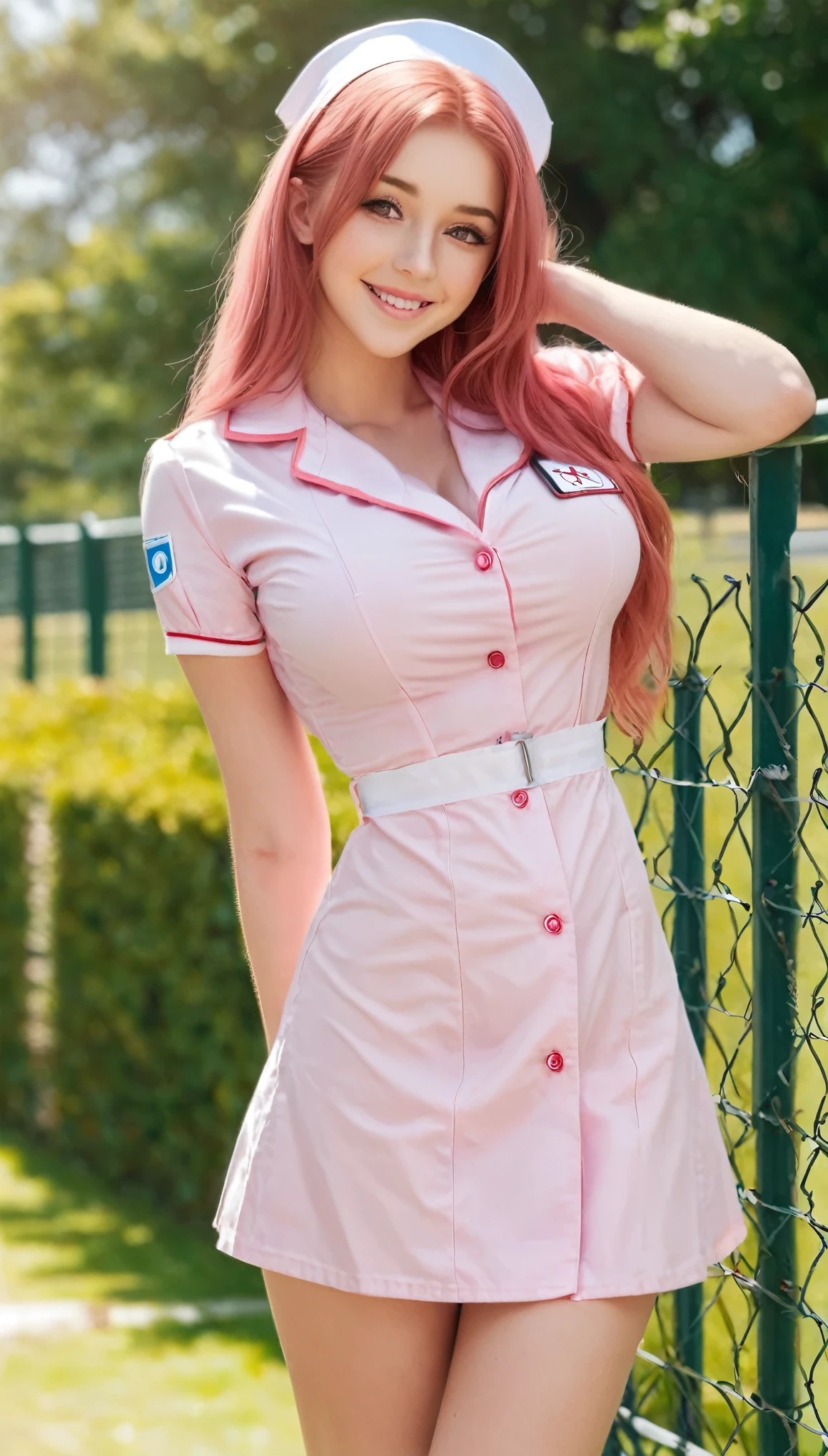 a 20 year old woman in a sexy revealing skimpy nurse uniform open at the top, posing leaning on a fence, sunny park background, side boob, inspired by Elsie Few, thic, pink long hair, , amber eyes, large breasts, smiling, full body view from head to feet