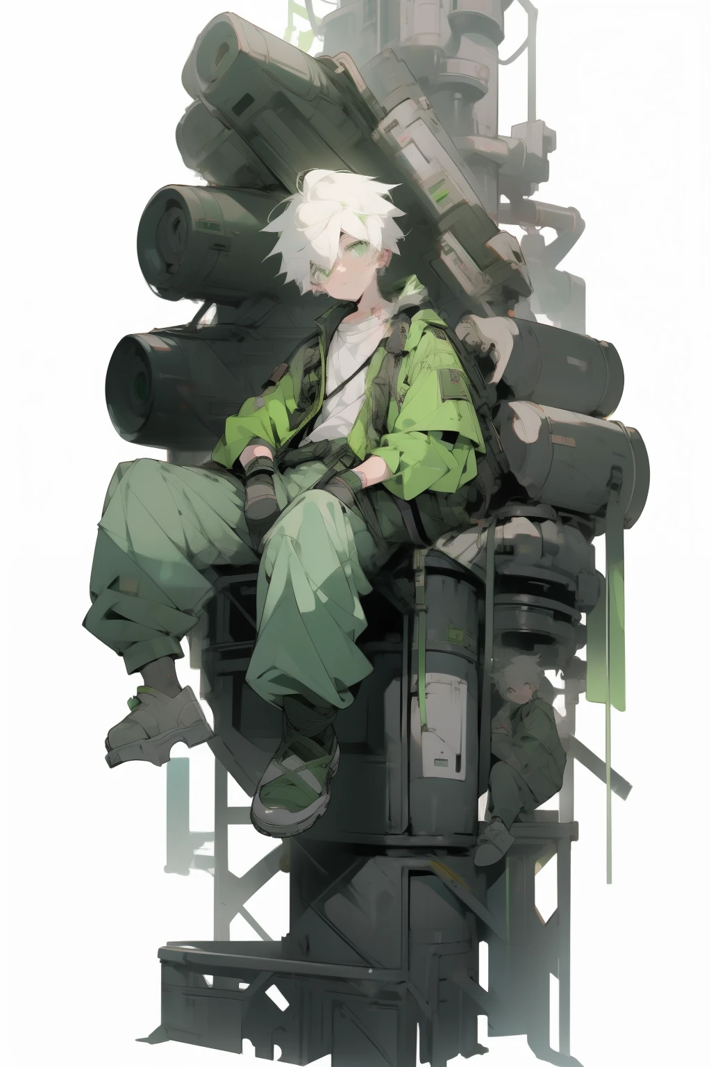 masterpiece, Best Quality, 4K, high resolution, ultra-detailed, High resolution, Ultra HD, sophisticated details, line art, thick lines, Backlight, ((Full body shot)), ((No background)), ((White background)), boy with white hair, green eyes, cute, chibi, green shirt, sitting down, holding a wrench