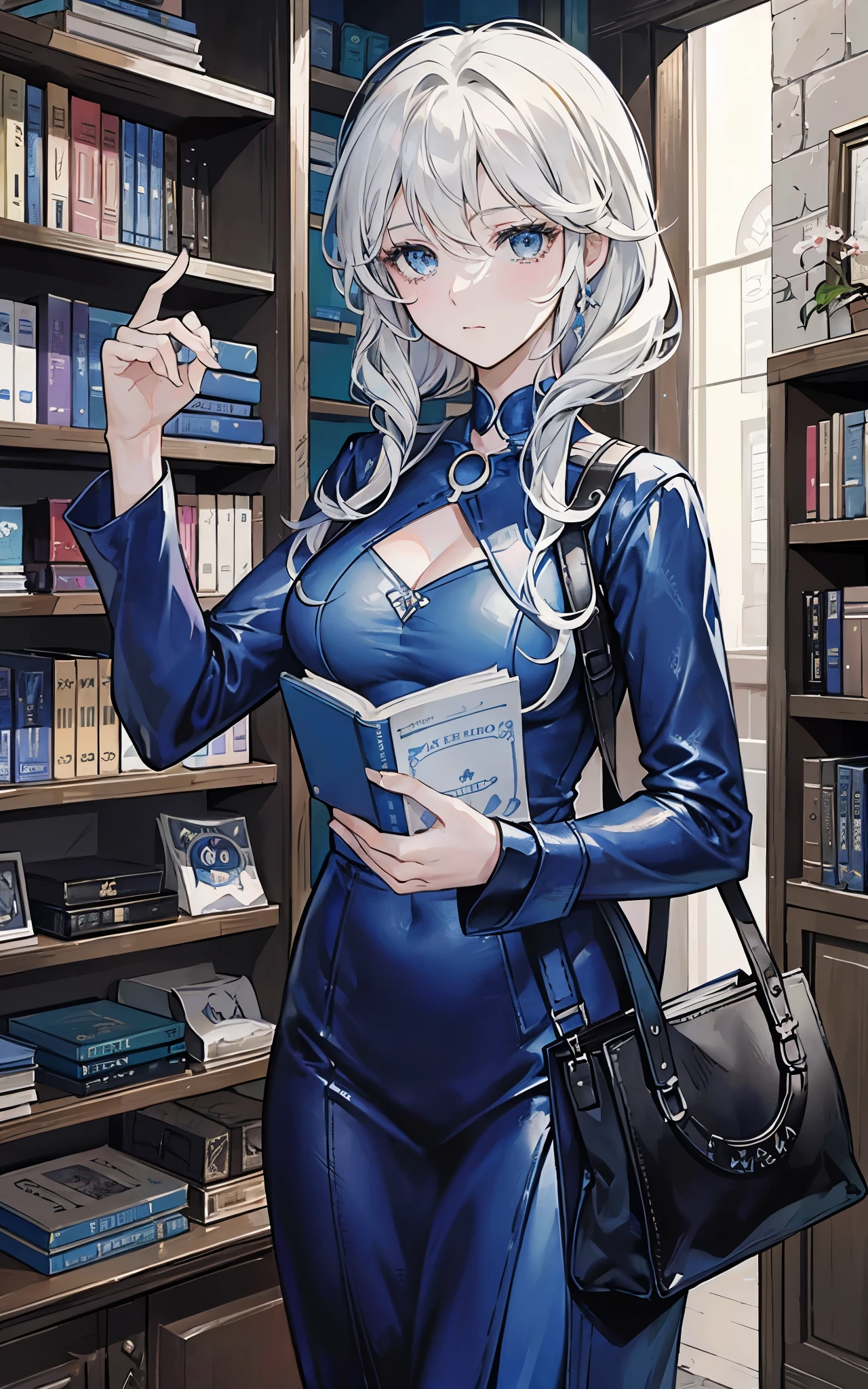 (Blake Lively:Elsa Pataky) is a librarian grabbing a book with strange symbols in the cover, (leather tote bag) . ((Blue shirt with white neck)) , Lovecraft atmosphere, 1920 style, masterpiece.
