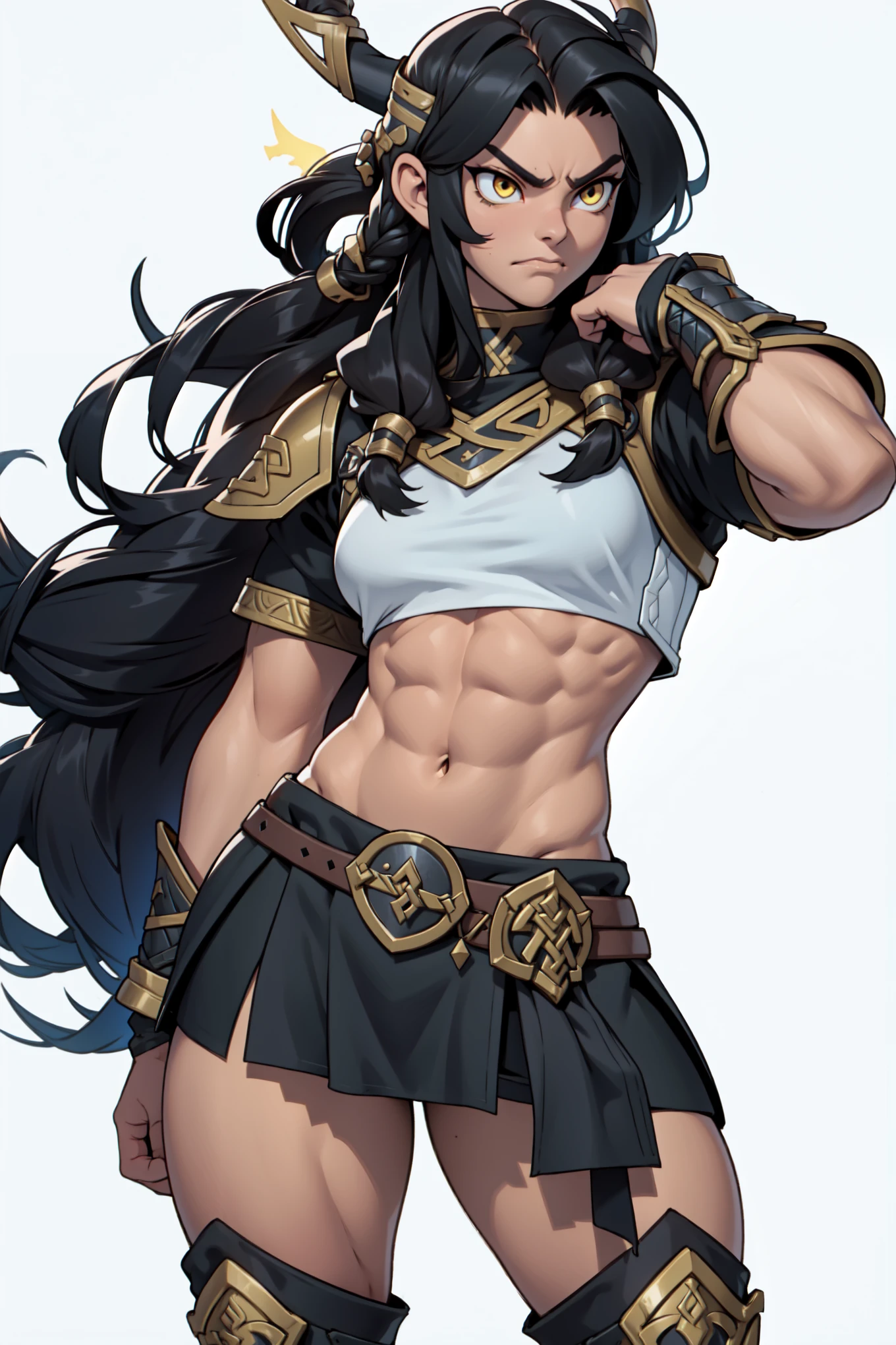 (((muscular))), (thick thighs, small breasts, toned body, 1 girl), black hair, pale skin, yellow eyes, angry, very long hair (((viking armor)))
