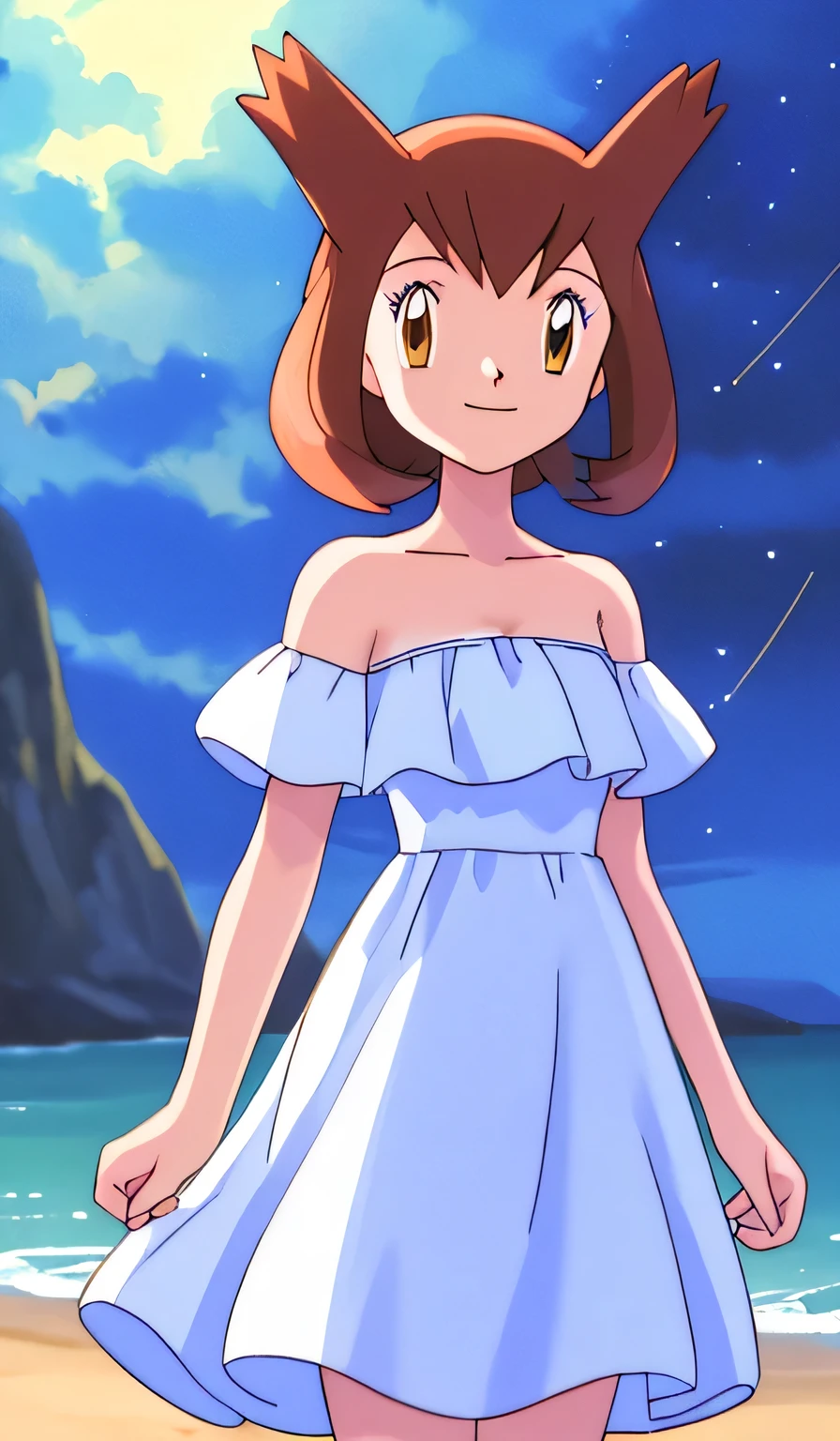 masterpiece, best quality, ultra-detailed, illustration, beautiful detailed eyes, very detailed illustration, cinematic lighting, 1 girl, solo, Pokemon Heroes (Bianca), Brown Hair, brown eyes, floating hair, 1 girl, solo, bare shoulders, strapless, off shoulders, ruffle off the shoulder top, white maxi dress, intricate details, sharp focus, high resolution, beachside,evening light,night, stars,walking, Coast, cowboy shot, light smile