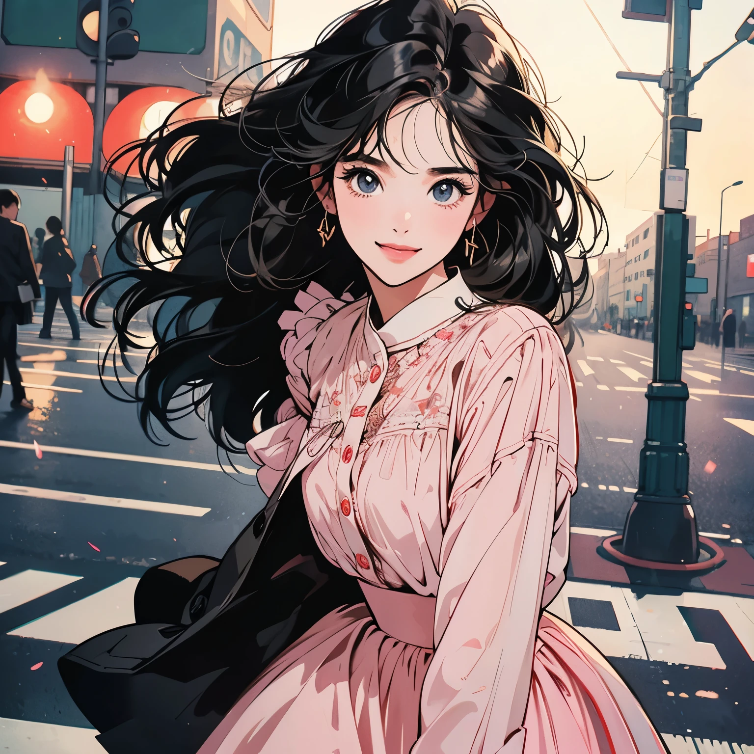 whole body、Kind Face、1 pretty woman、4k、blouse、skirt、pedestrian crossing、Signal 、intersection、Complex background、Detailed Hair、smile、Black Hair、Faint lighting、There is movement