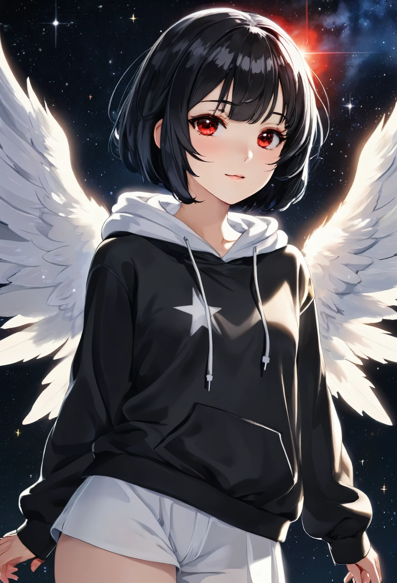 Gentle，(highres,8k,close-up,samdoesarts-style,black short hair,red eyes,detailed facial features,night sky with starry galaxy) high detail,8k,close-up,samdoesarts style,(((a woman with short black hair and red eyes))),((with detailed facial features)),the background is the starry night sky and the Milky Way,1girl,bishoujo,teenager,white_skin,shiny_skin,glamor,plump,slender face,air bangs,short hair,black hair,red eyes,half-closed eyes,black_wings,hoodie,full_shot,(sunlight),(angel),dynamic angle, floating, wing, halo, floating white silk,(Holy Light),silver stars,