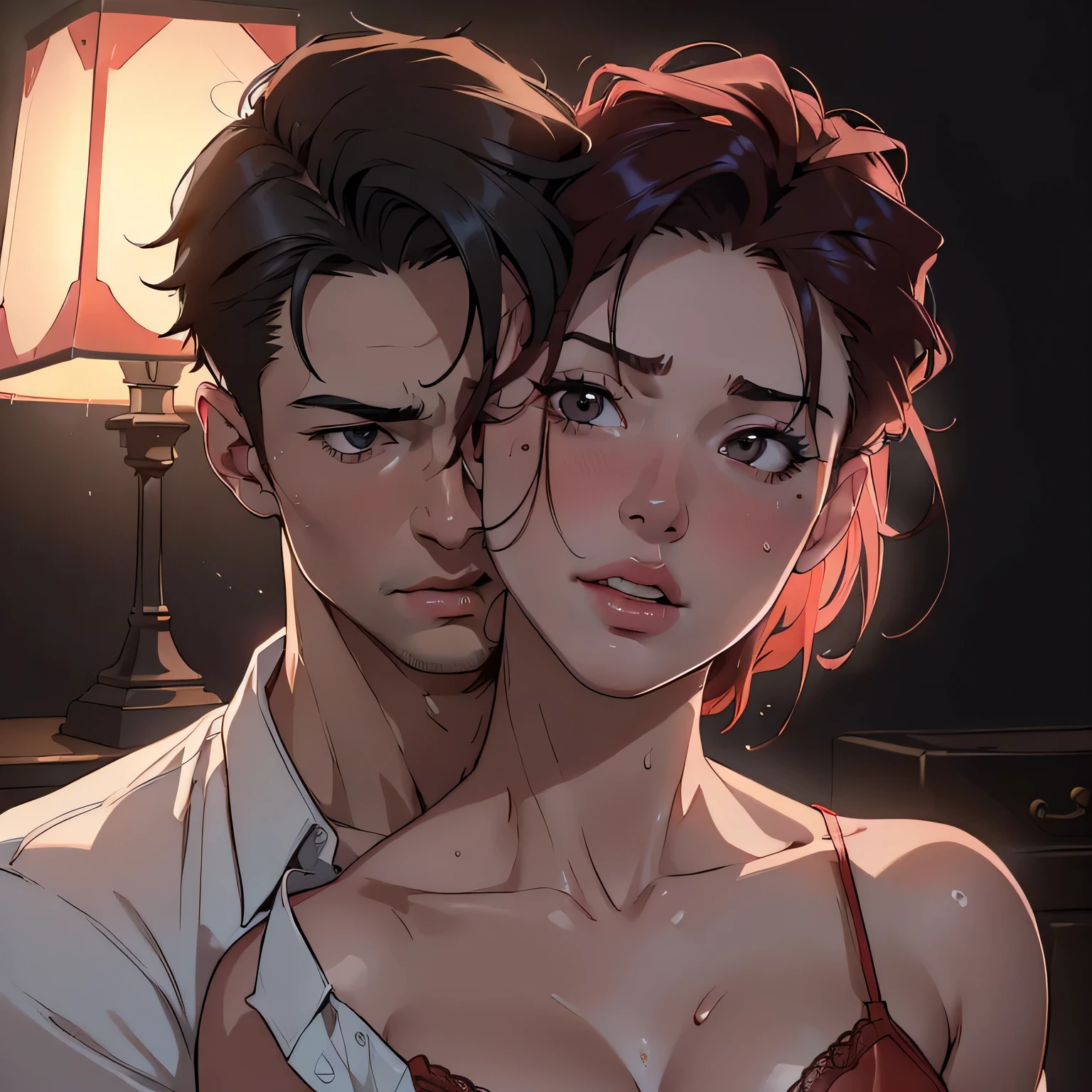 (best quality,highres,ultra-detailed,realistic:1.37),portrait,shirtless boy passionately kissing a woman in intense scene,sexy red lingerie,unbuttoned sheer white shirt,dark room with warm lighting,sweaty and lustful,erotic,passionate making out [intimate details],one lamp,]