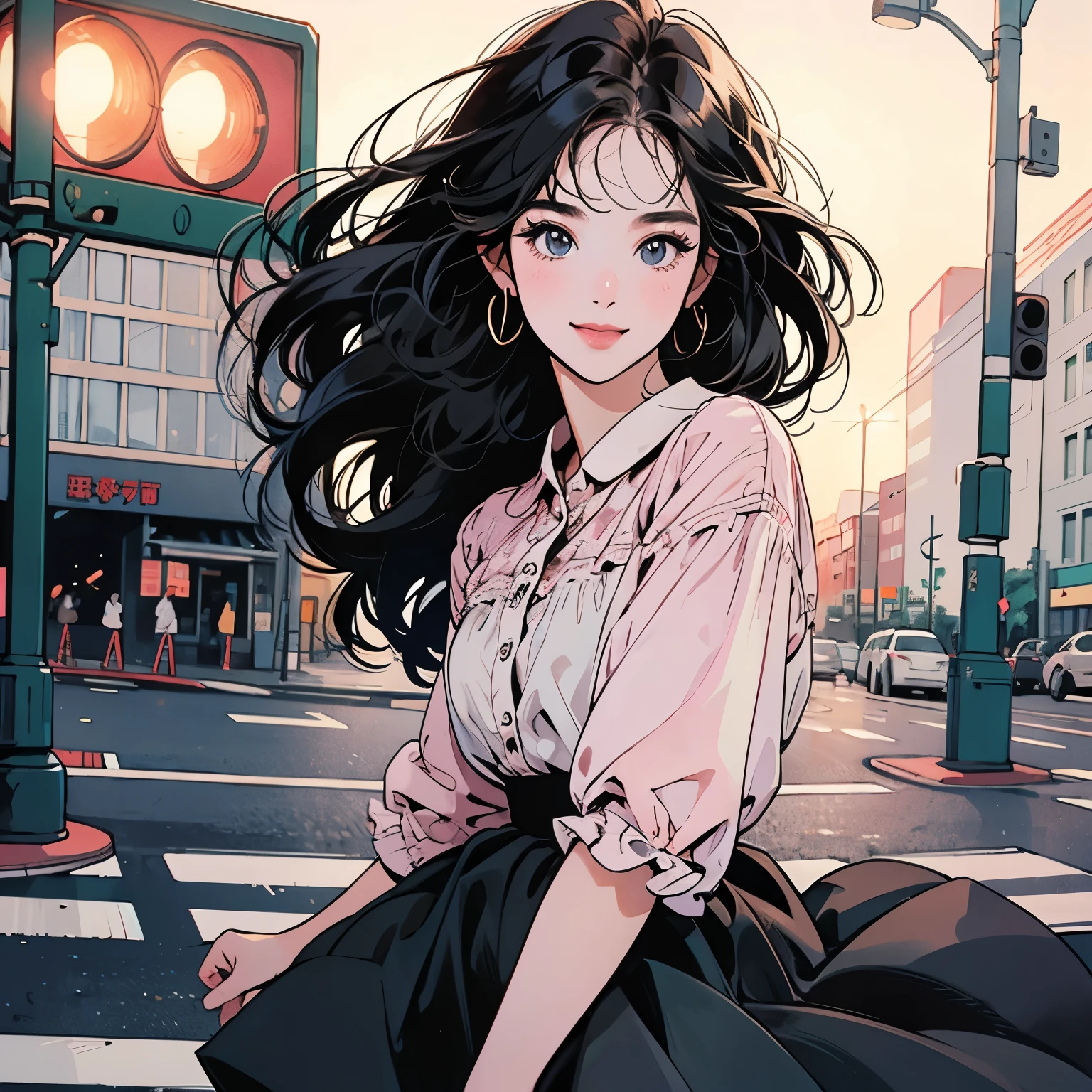 whole body、Kind Face、1 pretty woman、4k、blouse、skirt、pedestrian crossing、Signal 、intersection、Complex background、Detailed Hair、smile、Black Hair、Faint lighting