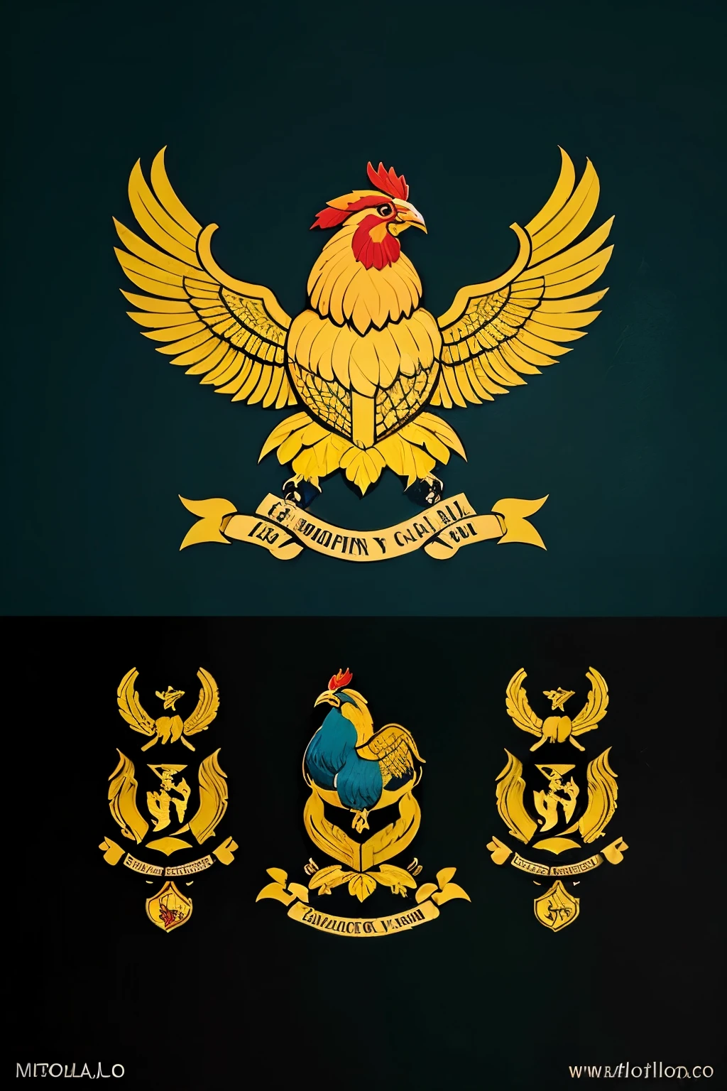 Un escudo familiar amarillo y celeste, rojo y dorado, logo familiar con tres gallos, Familia Gallo, dibujo de escudo, valiente, with lighting, logo familiar detallado, emblema familiar, somos gallos