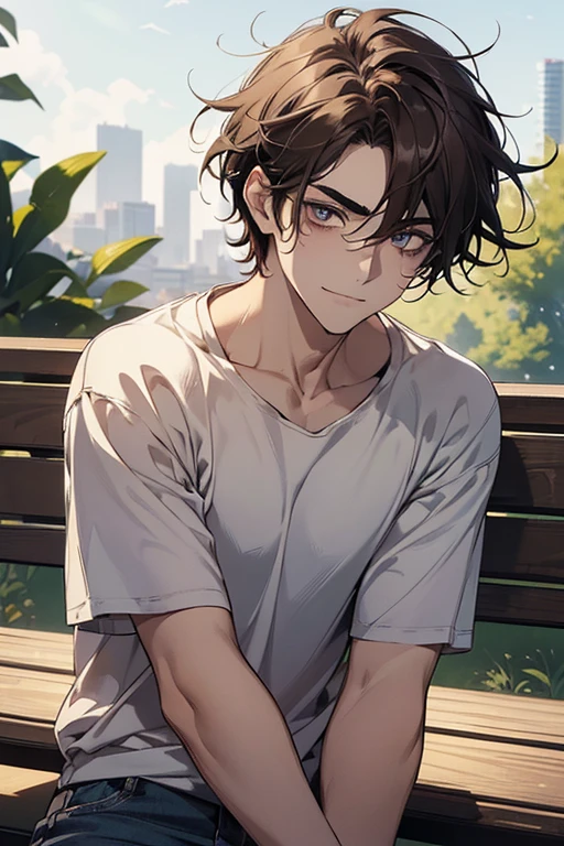 (masutepiece, Digital Art, Digital Illustration, 4K, 8K, Ultra-detailed, beautiful image, Sharp Image, Photorealistic, Raw photo, Perfect face, Perfect lines, Perfect eyes, Soft lighting) 1 male human, (A dark-haired,hair between eye,hair messy,Medium Hair,deadpan,Lowered eyebrows,Parallel eyebrows,Narrow-eyed,drooing eyes,kindly smile,ember,28 years old:1.3),Handsome men, (ember,Man in a simple white t-shirt,Loose-fitting round neck shirt,Thin macho,Firm shoulder width,Adult male:1.2),Sunny Park,Benches,sit on a bench,Loose-fitting skinny denim,Oversized hoodies,a plant,blue open sky,Sleepy face,Frantically opening your eyes,Troubled face
