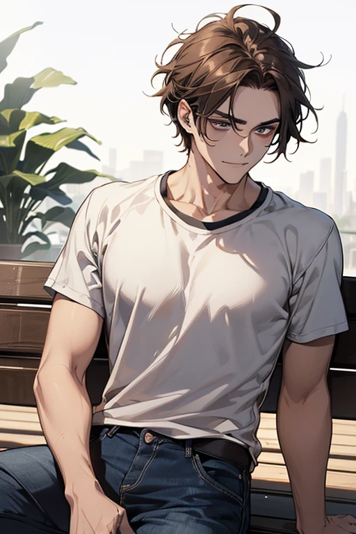 (masutepiece, Digital Art, Digital Illustration, 4K, 8K, Ultra-detailed, beautiful image, Sharp Image, Photorealistic, Raw photo, Perfect face, Perfect lines, Perfect eyes, Soft lighting) 1 male human, (A dark-haired,hair between eye,hair messy,Medium Hair,deadpan,Lowered eyebrows,Parallel eyebrows,Narrow-eyed,drooing eyes,kindly smile,ember,28 years old:1.3),Handsome men, (ember,Man in a simple white t-shirt,Loose-fitting round neck shirt,Thin macho,Firm shoulder width,Adult male:1.2),Sunny Park,Benches,sit on a bench,Loose-fitting skinny denim,Oversized hoodies,a plant,blue open sky,Sleepy face,Frantically opening your eyes,Troubled face