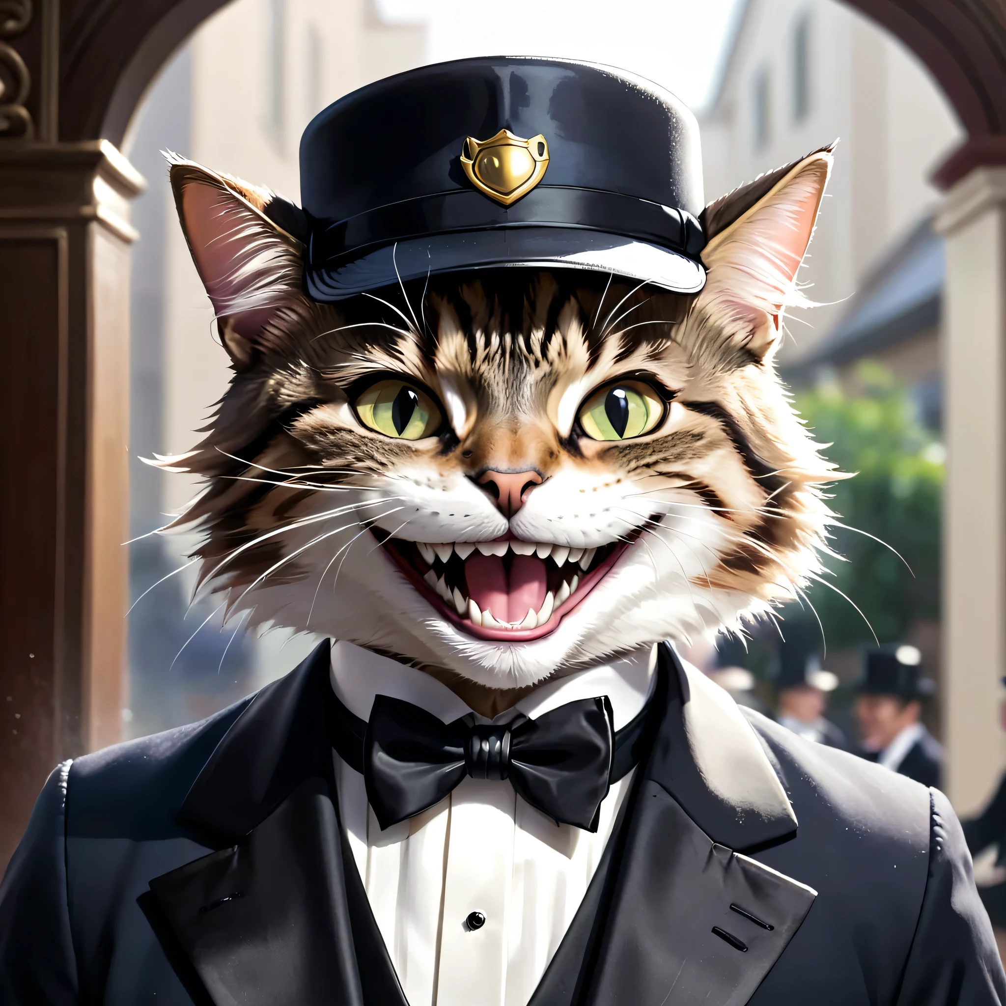 A cat man wearing a cap and a tux smiling with teeths. 