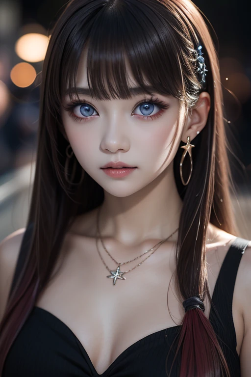 goth_punk, 1girl, solo, beautiful face, beautiful eyes, beautiful nose, midnight, starry sky, beautiful red hair, glowing hair, earrings, necklace, bangs, jewelry, blunt bangs, (red eyes), gothic dress, blurry background, blurry, hair ornament, long hair, twin tail, closeup, sidelocks
