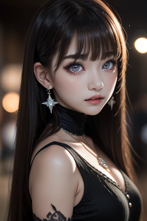 goth_punk, 1girl, solo, beautiful face, beautiful eyes, beautiful nose, midnight, starry sky, beautiful red hair, glowing hair, earrings, necklace, bangs, jewelry, blunt bangs, (red eyes), gothic dress, blurry background, blurry, hair ornament, long hair, twin tail, closeup, sidelocks 