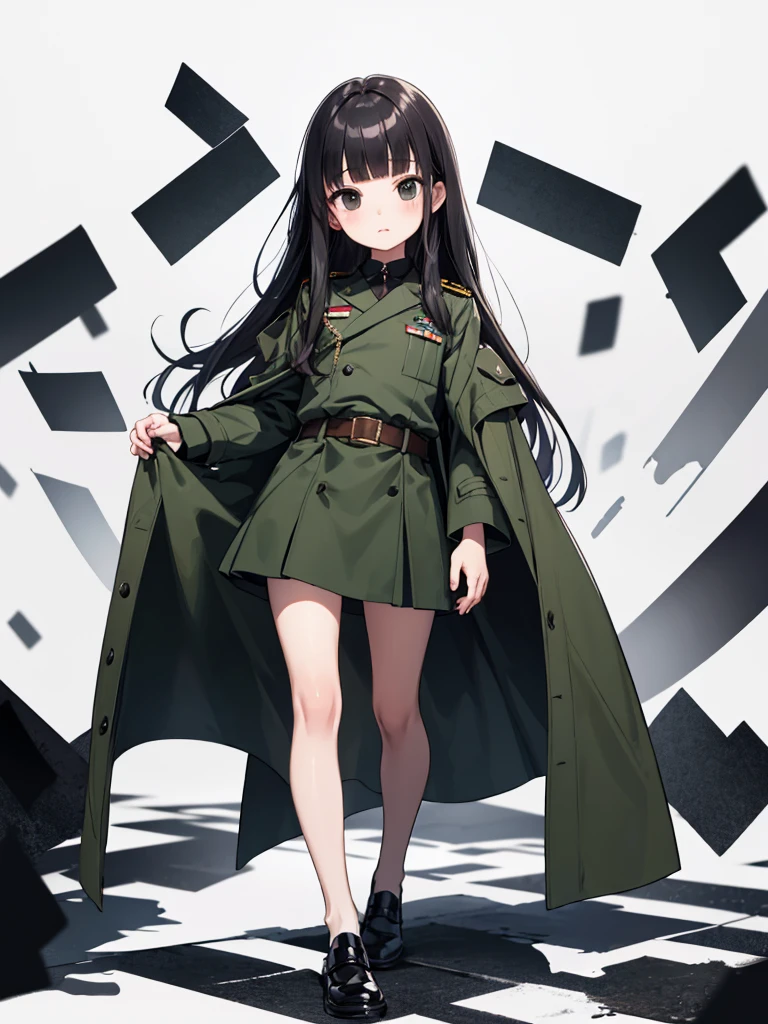 masterpiece, best quality, 1 girl, solo, 5 years old, flat chest, Perfect Face, beautiful, mai, 1girl, solo, black eyes, black hair, long hair, blunt bangs, straight hair, female , uniform, military, military uniform, green coat, brown belt,white background, blunt bangs, straight hair, looking through legs, full body