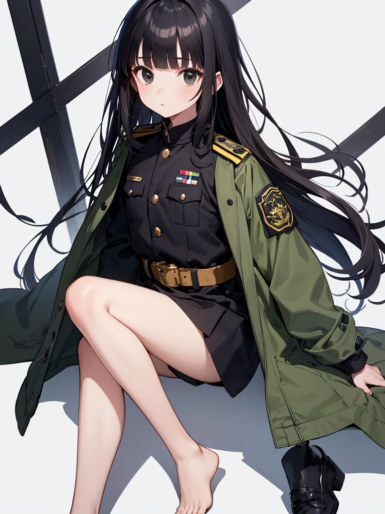 masterpiece, best quality, 1 girl, solo, 5 years old, flat chest, Perfect Face, beautiful, mai, 1girl, solo, black eyes, black hair, long hair, blunt bangs, straight hair, female , uniform, military, military uniform, green coat, brown belt,white background, blunt bangs, straight hair, looking through legs, full body