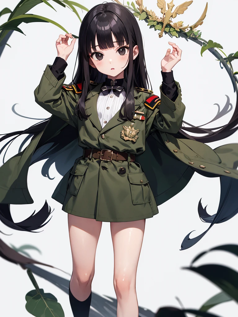 masterpiece, best quality, 1 girl, solo, 5 years old, flat chest, Perfect Face, beautiful, mai, 1girl, solo, black eyes, black hair, long hair, blunt bangs, straight hair, female , uniform, military, military uniform, green coat, brown belt,white background, blunt bangs, straight hair, looking through legs, full body