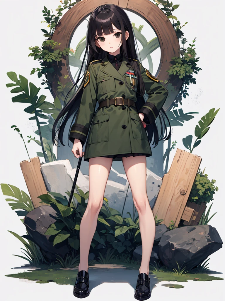 masterpiece, best quality, 1 girl, solo, 5 years old, flat chest, Perfect Face, beautiful, mai, 1girl, solo, black eyes, black hair, long hair, blunt bangs, straight hair, female , uniform, military, military uniform, green coat, brown belt,white background, blunt bangs, straight hair, looking through legs, full body