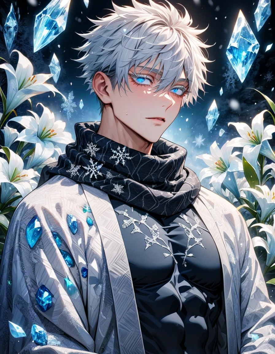 (absurdres, highres, ultra detailed, HDR) master piece, best quality, delicate features, Gojo Satoru, white hair, with bangs, hair between the eyes, expressive blue eyes, white eyelashes, Jujutsu Kaisen, solo, sexy man, handsome, toned chest, white haori, black tight shirt, black scarf, patterns, magical fantasy, ice butterflies, glittering, sparkling, winter, snowing, snowflakes, lilies, gemstones