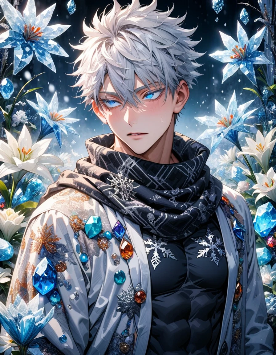 (absurdres, highres, ultra detailed, HDR) master piece, best quality, delicate features, Gojo Satoru, white hair, with bangs, hair between the eyes, expressive blue eyes, white eyelashes, Jujutsu Kaisen, solo, sexy man, handsome, toned chest, white haori, black tight shirt, black scarf, patterns, magical fantasy, ice butterflies, glittering, sparkling, winter, snowing, snowflakes, lilies, gemstones