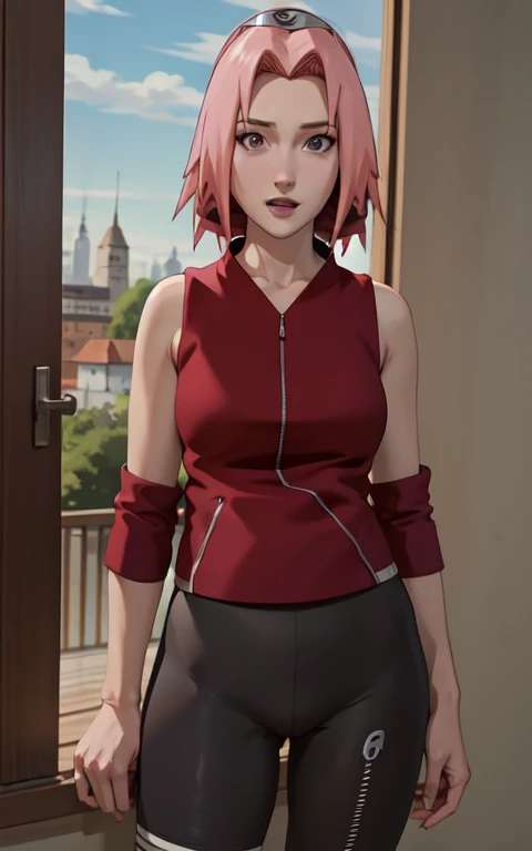 NARUTO_Sakura_combate_propiowaifu,
1 chica, sakura haruno, cabello corto, cabello rosado, ojos verdes, ingestas de cabello, clavicle, protector de frente, Venda, diadema roja, konohagakure symbol,
hombros descubiertos, vendas, sin mangas, sin mangas shirt, sin mangas jacket, camisa roja, chaqueta roja, pantalones cortos de bicicleta, pantalones cortos negros, envoltura de piernas, pierna vendada, coderas, cremallera, cremallera pull tab,
((obra maestra)),((mejor calidad)),(high resolution, absurdos), original, deficial_arte, chromatic_aberration, bokeh, profundidad_de_Campo, ventana, glicina, cargado_interior, claraboya,  Atardecer, rayo de sol, adentro, ventana_sombra, ventana_persianas, cortinas, en conserva_plant, enfocado, mirando al espectador, solo, tiro de vaquero,