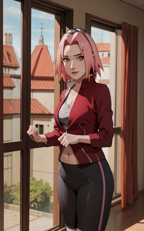 NARUTO_Sakura_combate_propiowaifu,
1 chica, sakura haruno, cabello corto, cabello rosado, ojos verdes, ingestas de cabello, clavicle, protector de frente, Venda, diadema roja, konohagakure symbol,
hombros descubiertos, vendas, sin mangas, sin mangas shirt, sin mangas jacket, camisa roja, chaqueta roja, pantalones cortos de bicicleta, pantalones cortos negros, envoltura de piernas, pierna vendada, coderas, cremallera, cremallera pull tab,
((obra maestra)),((mejor calidad)),(high resolution, absurdos), original, deficial_arte, chromatic_aberration, bokeh, profundidad_de_Campo, ventana, glicina, cargado_interior, claraboya, Atardecer, rayo de sol, adentro, ventana_sombra, ventana_persianas, cortinas, en conserva_plant, enfocado, mirando al espectador, solo, tiro de vaquero,