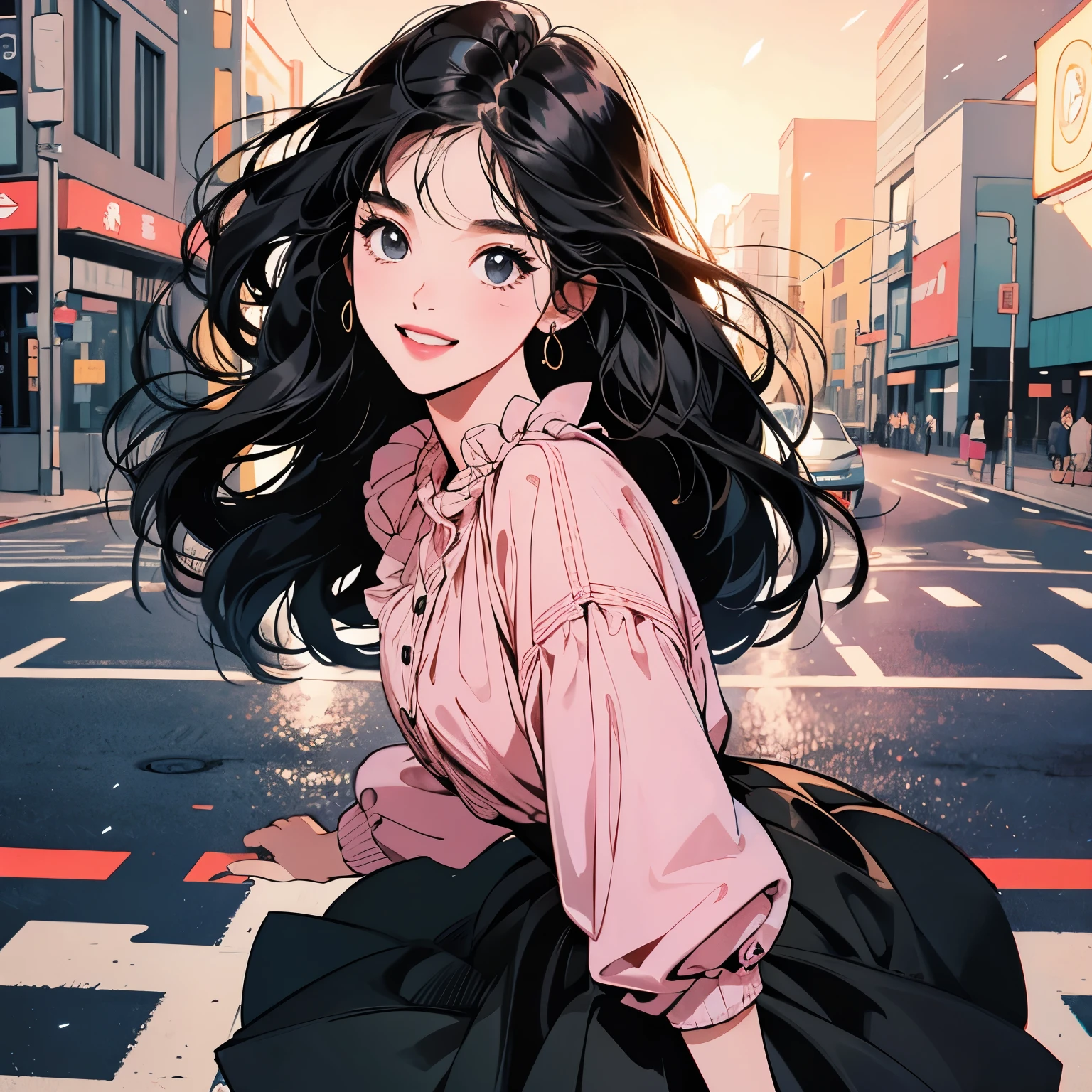 whole body、Kind Face、1 pretty woman、4k、blouse、skirt、pedestrian crossing、Signal 、intersection、Complex background、Detailed Hair、smile、Black Hair、Faint lighting、There is movement