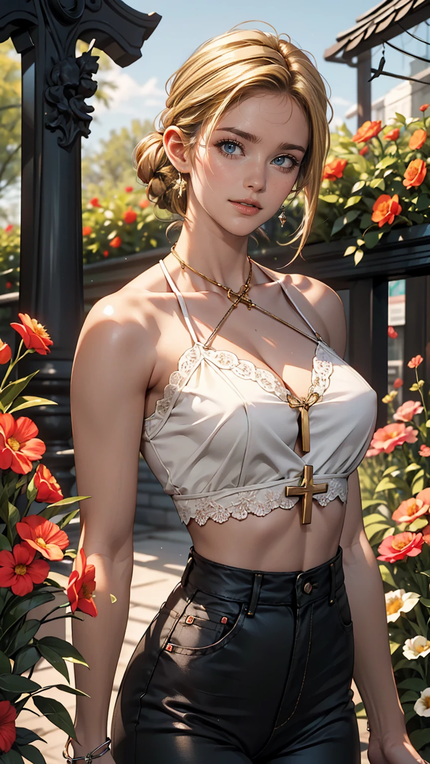 A 22-year-old extremely beautiful white woman、Supermodel proportions、Hair color blonde、blue eyeedium Hair、Straight Hair、Hair pulled up and tied back((hair pulled back))、Cross halter neck with lace embellishment【cross halter neck】Wear tops、Lower milk visible、Navel visible、Large chest、Narrow waist、Wear leggings、Wear high heels、In a garden full of flowers、smile