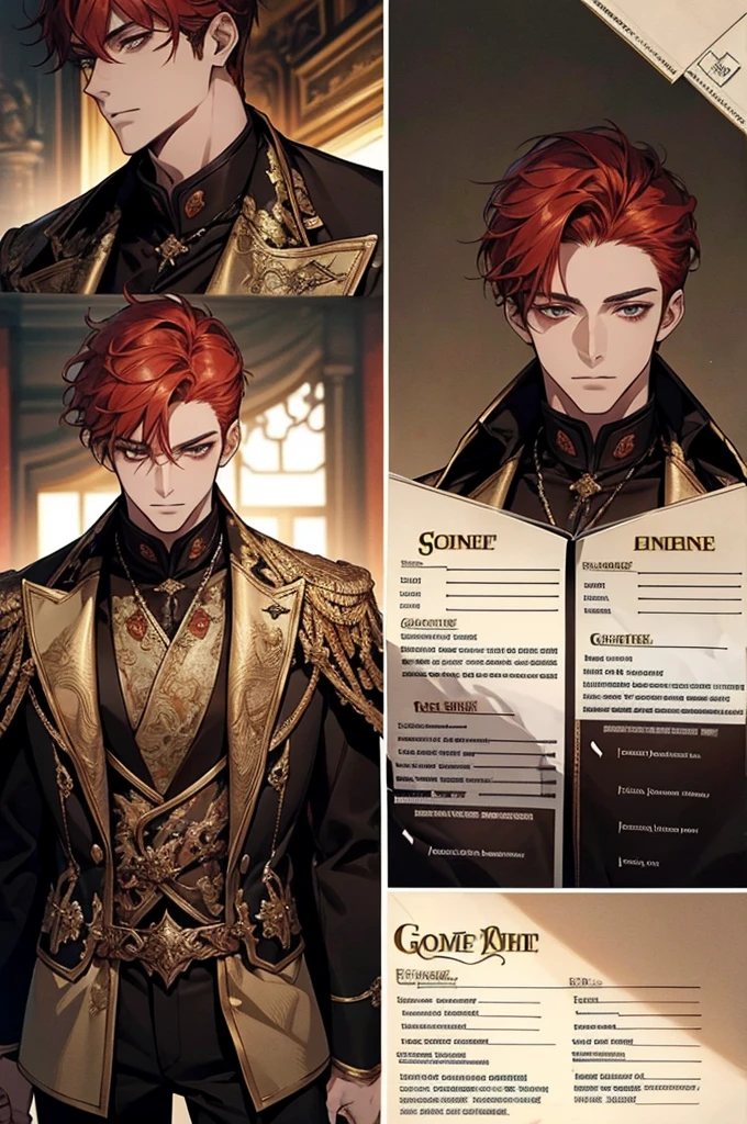 one man, adult, ((male)), short hair, tall, red hair, golden eyes, perfect face, beautiful clothing, antique clothing, detailed, dynamic lighting, (best quality), (masterpiece), (referencesheet:1.5)