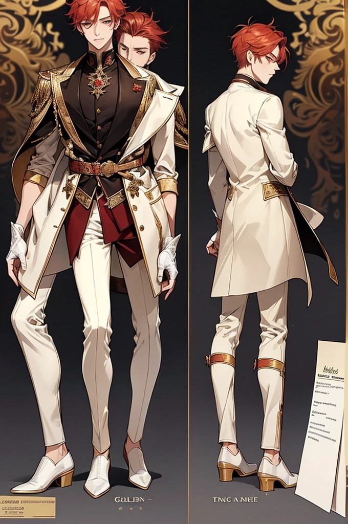 one man, adult, ((male)), short hair, tall, red hair, golden eyes, perfect face, beautiful clothing, antique clothing, detailed, dynamic lighting, (best quality), (masterpiece), (referencesheet:1.5)