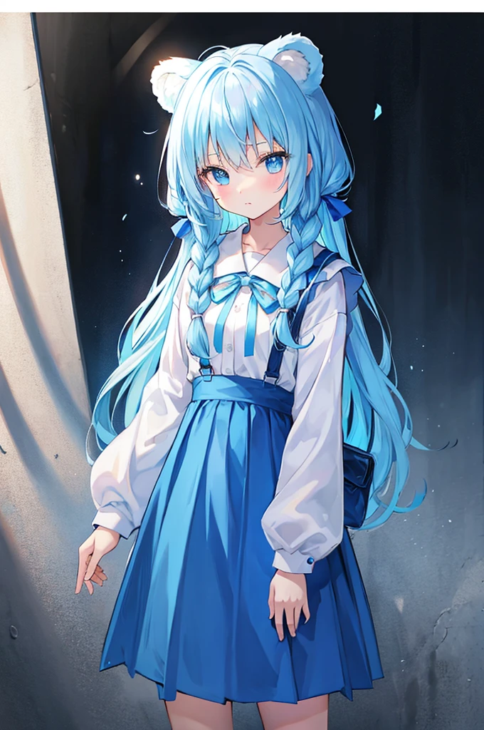 Light blue hair、Light blue and white eyes、It has bear ears、braided、Light blue sweater clothes(Uniforms)、cute 、girl with