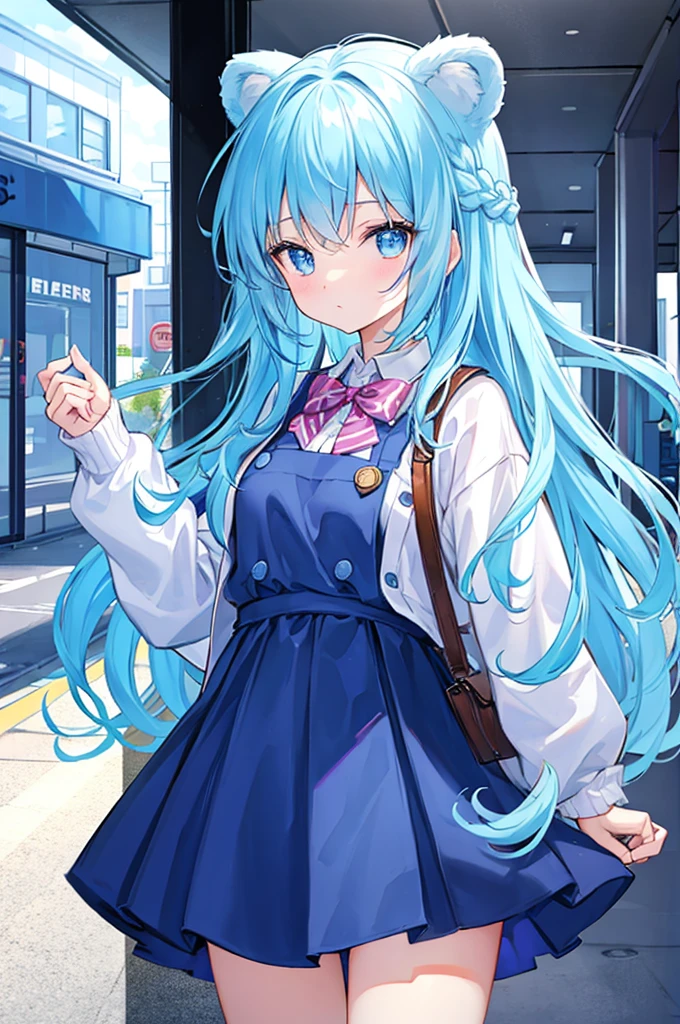 Light blue hair、Light blue and white eyes、It has bear ears、braided、Light blue sweater clothes（Uniforms）、cute 、girl with