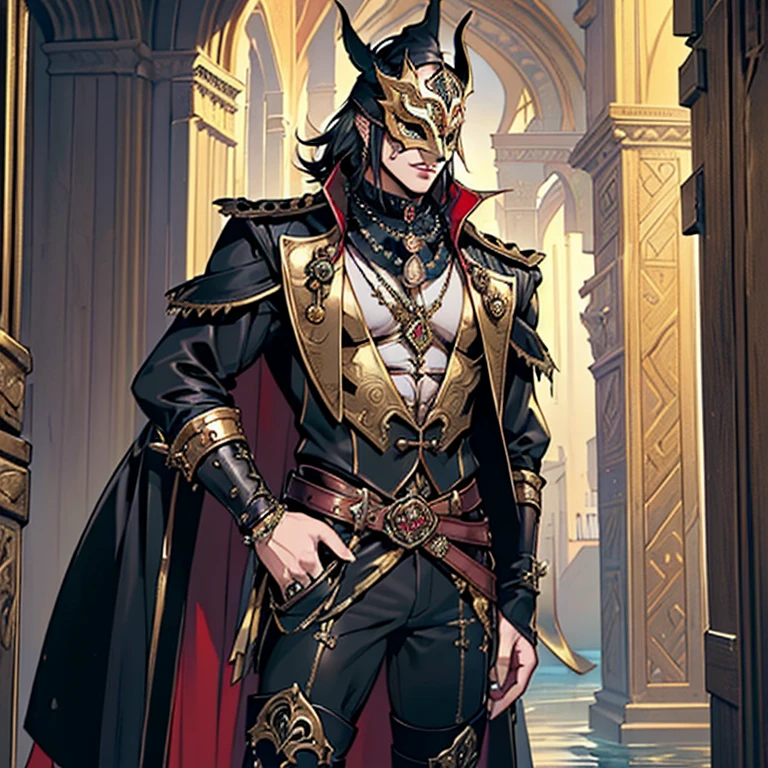 ((A male “musketeer” in gothic style wearing carnival mask and a big musketeer gothic hat ornamented with jewels he is also wearing open chest blazer showcasing his chest and long leather pants and thigh high garter belt boots)), he is also wearing a gothic choker with small jewels ornamentimg it, he is elegant, (inspired by FFXIV red mage concept), (((he is wearing a full face venetian masquerade mask))), ((black and gold aesthetics)),