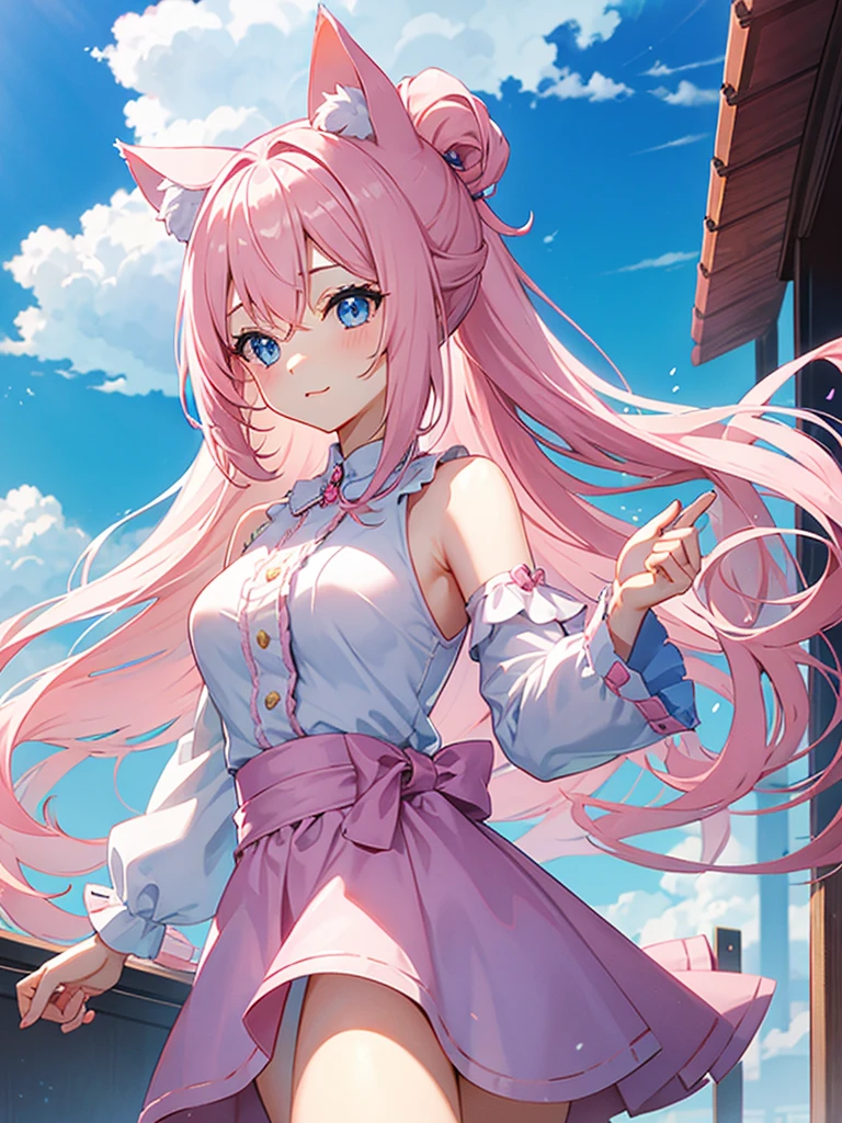 Light pink hair、Long ponytail、Sky-blue eyes、Cat ear、girl、Idol