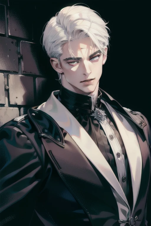 (masterpiece, best quality:1.2), (absurd res, high res, ultra detailed), 1 male, adult, handsome, tall muscular guy, broad shoulders, white hair, finely detailed eyes, portrait, looking at viewer, solo, half shot, detailed background, detailed face, (gothic), smirk, vampire, dark leather, high fantasy,, stealth, undercover, (crates in background), shadows, fog, (dutch angle), closed mouth,
