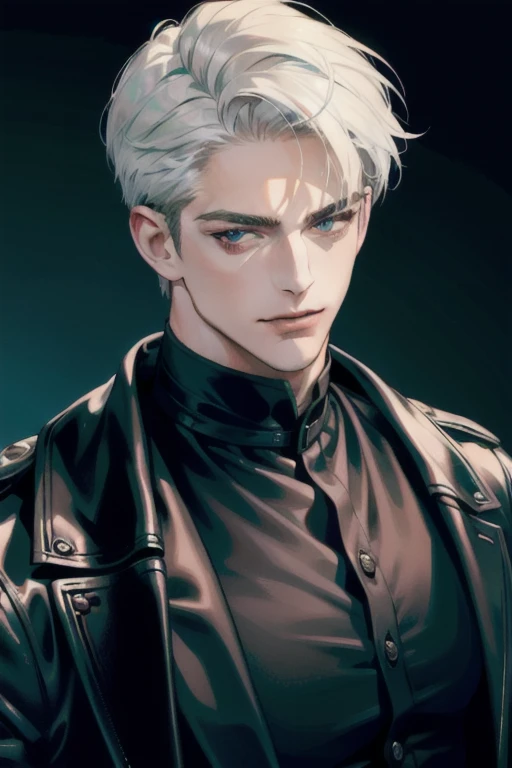 (masterpiece, best quality:1.2), (absurd res, high res, ultra detailed), 1 male, adult, handsome, tall muscular guy, broad shoulders, white hair, finely detailed eyes, portrait, looking at viewer, solo, half shot, detailed background, detailed face, (gothic), smirk, vampire, dark leather, high fantasy,, stealth, undercover, (crates in background), shadows, fog, (dutch angle), closed mouth,