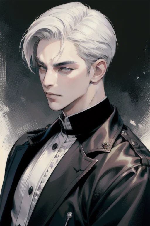 (masterpiece, best quality:1.2), (absurd res, high res, ultra detailed), 1 male, adult, handsome, tall muscular guy, broad shoulders, white hair, finely detailed eyes, portrait, looking at viewer, solo, half shot, detailed background, detailed face, (gothic), smirk, vampire, dark leather, high fantasy,, stealth, undercover, (crates in background), shadows, fog, (dutch angle), closed mouth,