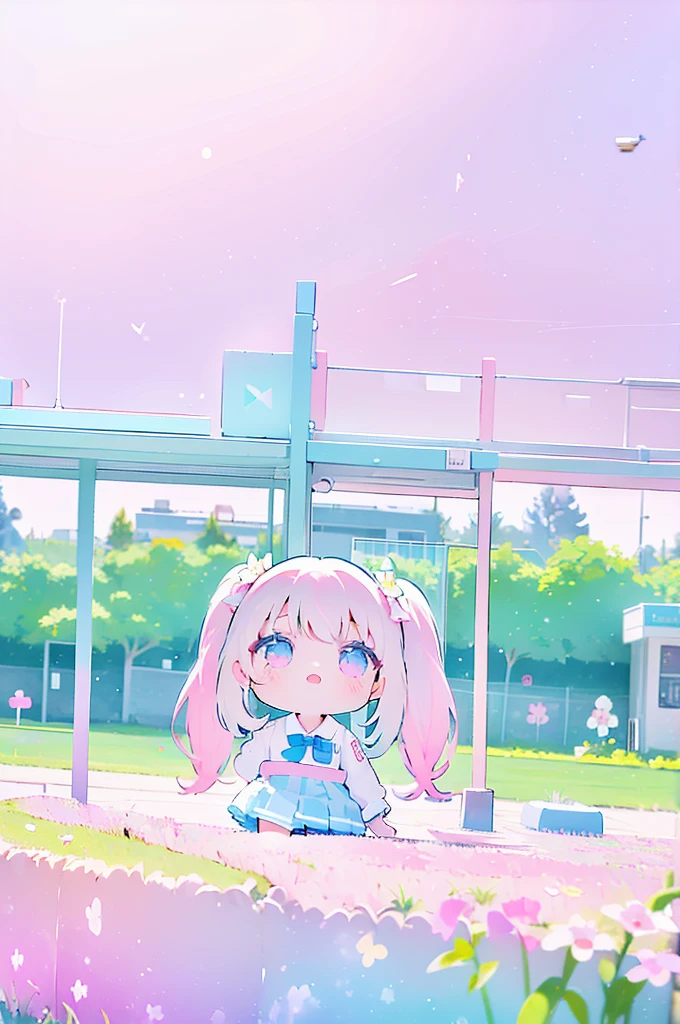(1girl), kawaii, kawaiitech, cute, pastel colors, best quality, happy, light smile, twintail, flowerbed background, school uniform