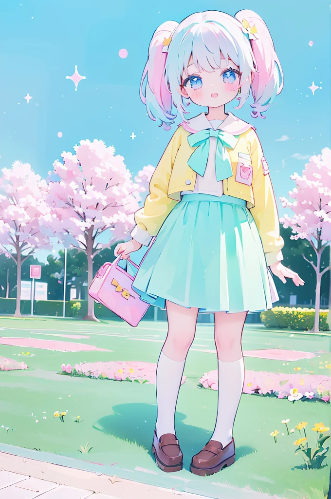 (1girl), kawaii, kawaiitech, cute, pastel colors, best quality, happy, light smile, twintail, flowerbed background, school uniform