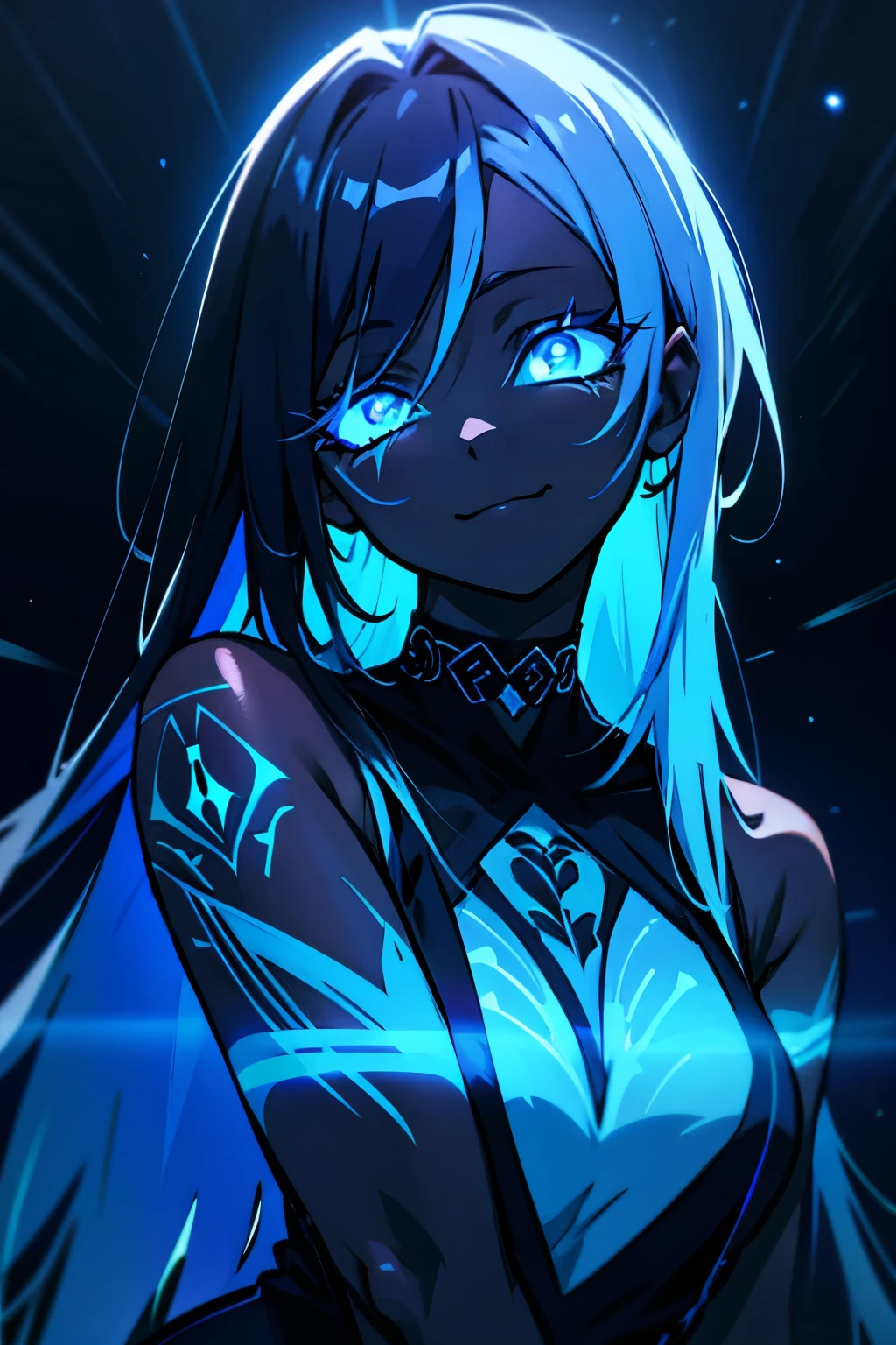 black skin, anime woman, happy, glowing light blue eyes, glowing light blue tattoos, glowing light straight hair, wearing a black dress, black roses in hair