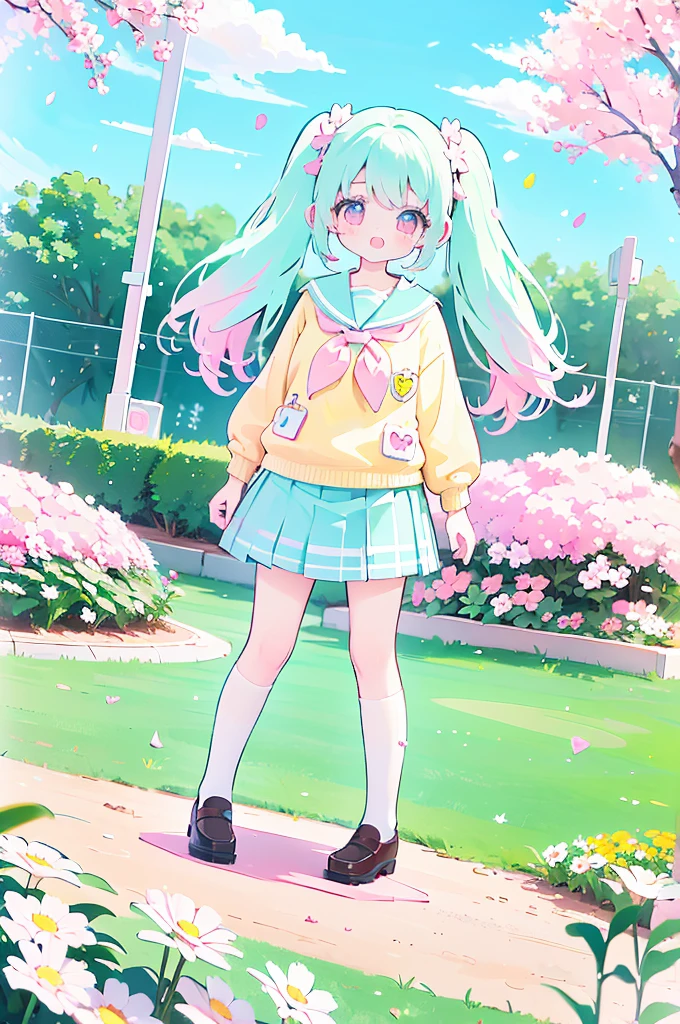 (1girl), kawaii, kawaiitech, cute, pastel colors, best quality, happy, light smile, twintail, flowerbed background, school uniform